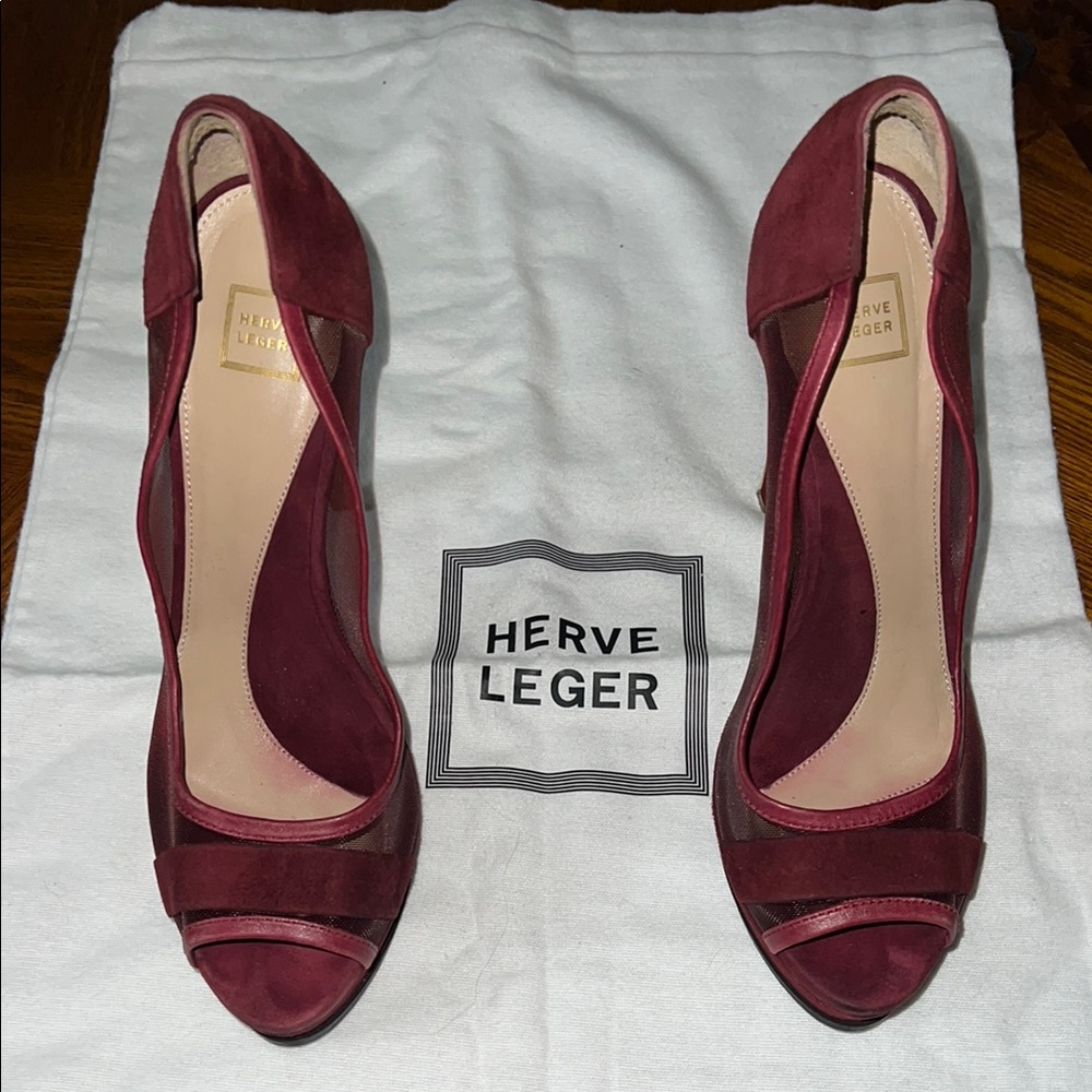 Herve Leger Burgundy Mesh Stiletto Heels Peep-Toe Elegance